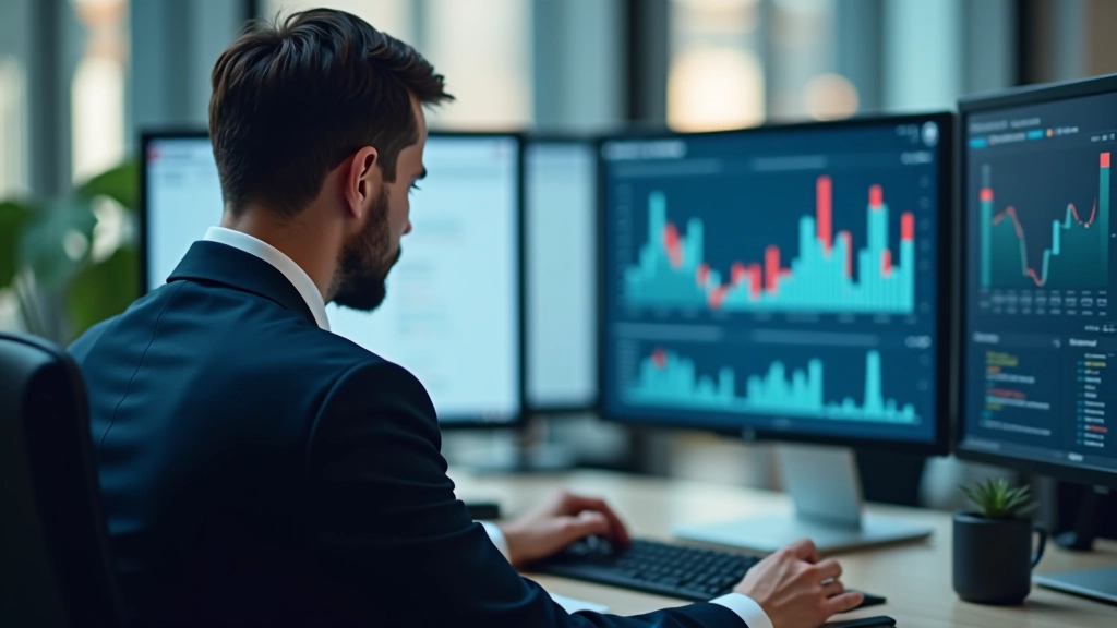 Wirtschaftsanalyst bei der Datenanalyse mit modernen Diagrammen und Finanzcharts auf großem Monitor