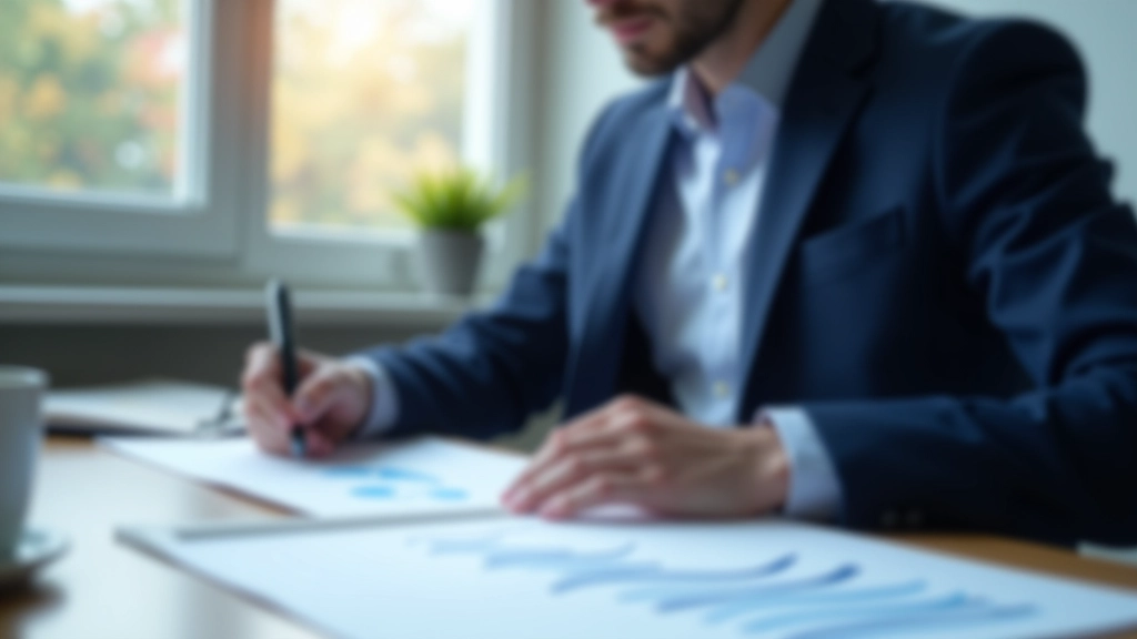 Finanzberater analysiert Zinsentwicklung anhand von Grafiken und Diagrammen auf dem Schreibtisch