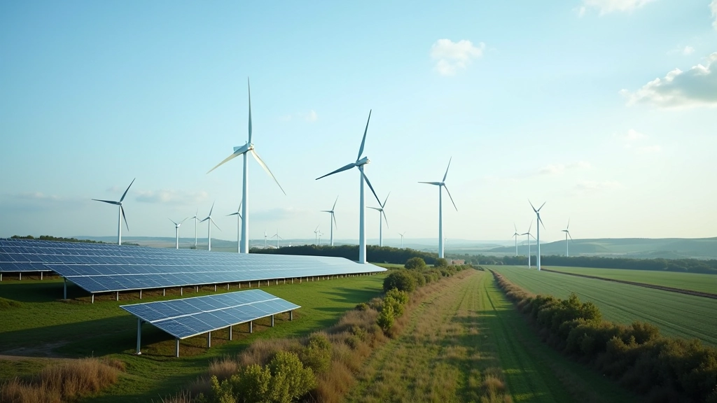 Energieinfrastruktur mit Windkraftanlagen und Solarmodulen in deutscher Landschaft