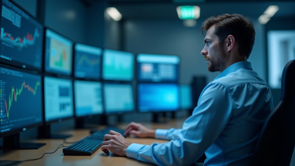 Moderne Zentralbank-Zentrale mit Kontrollraum und digitalen Anzeigen für Geldmengenstabilität und Zinspolitik