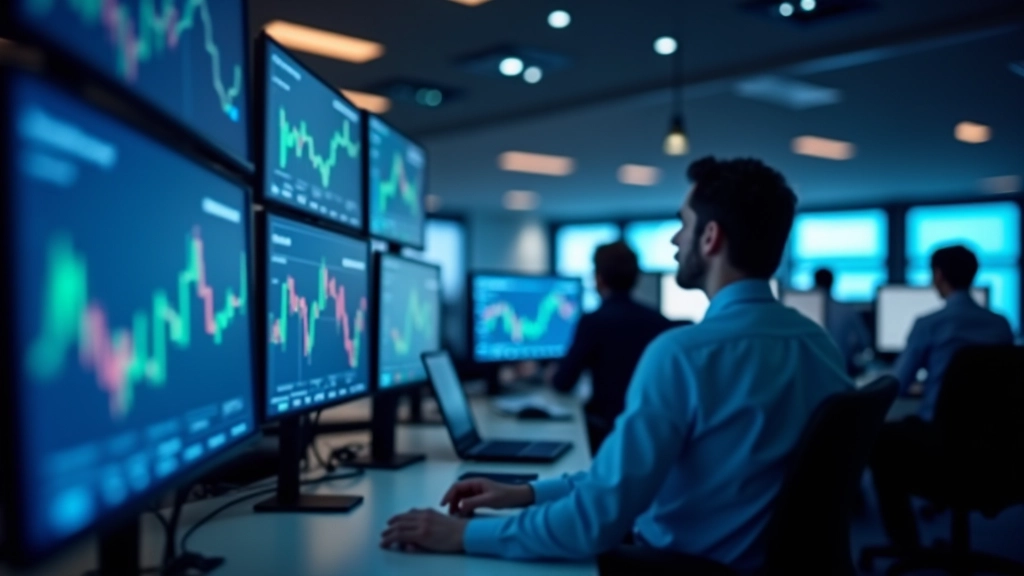 Großer Monitor zeigt Echtzeit-Zinskurven und wirtschaftliche Indikatoren in modernem Börsenhandelsraum