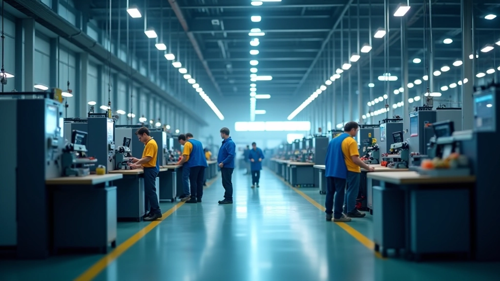 Fabrik mit moderner Industrieproduktion und Maschinen, Arbeiter in Aktion, helle Beleuchtung