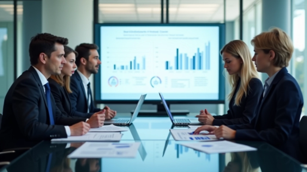 Team bei der Analyse von Wirtschaftsdaten in modernem Konferenzraum